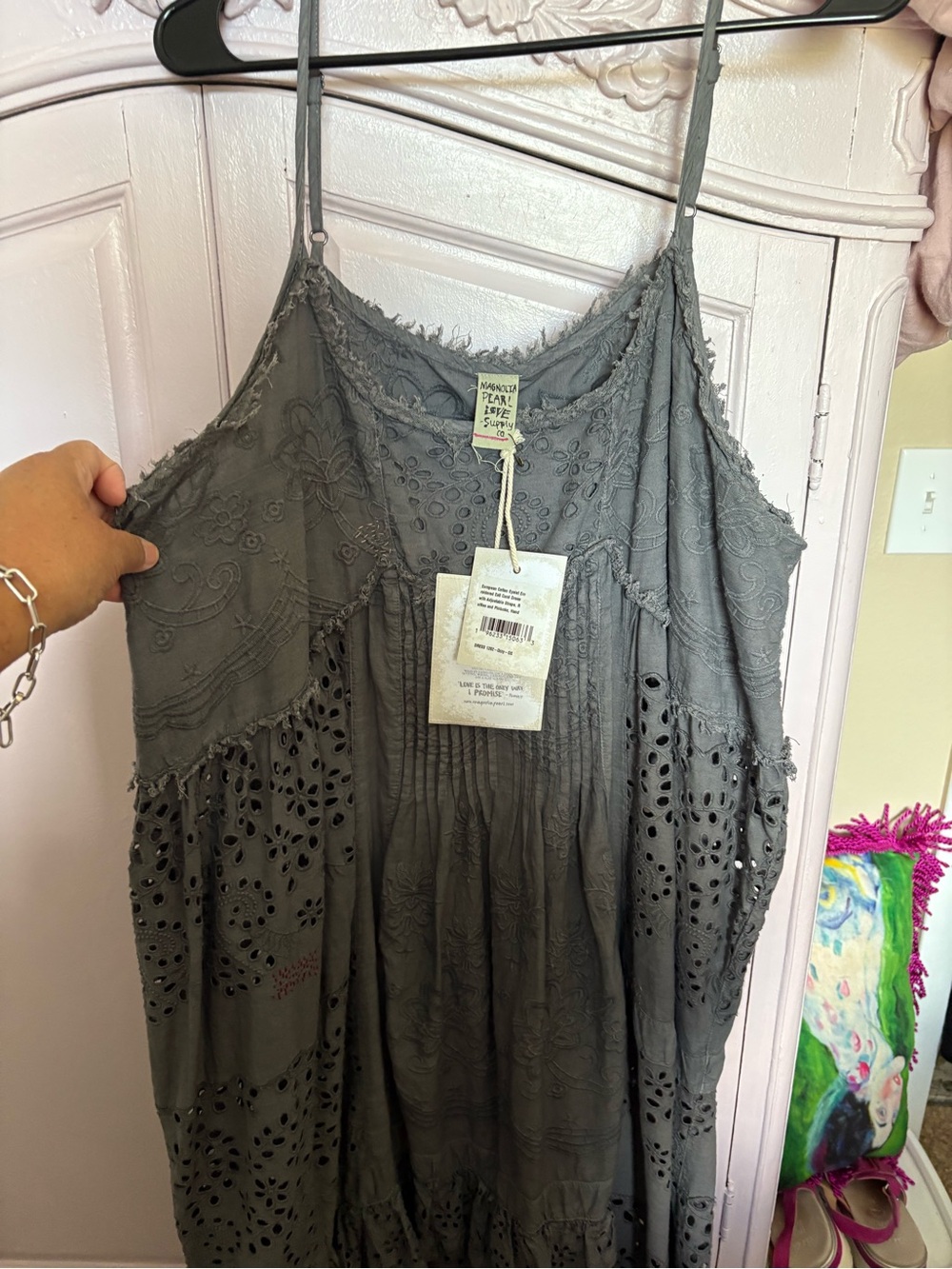 Magnolia Pearl gray embroidered top with pink tag accent